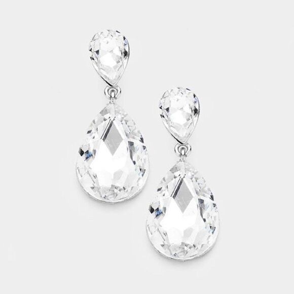 Miro Clear Crystal Double Teardrop Silver Earrings - Picture 1 of 3